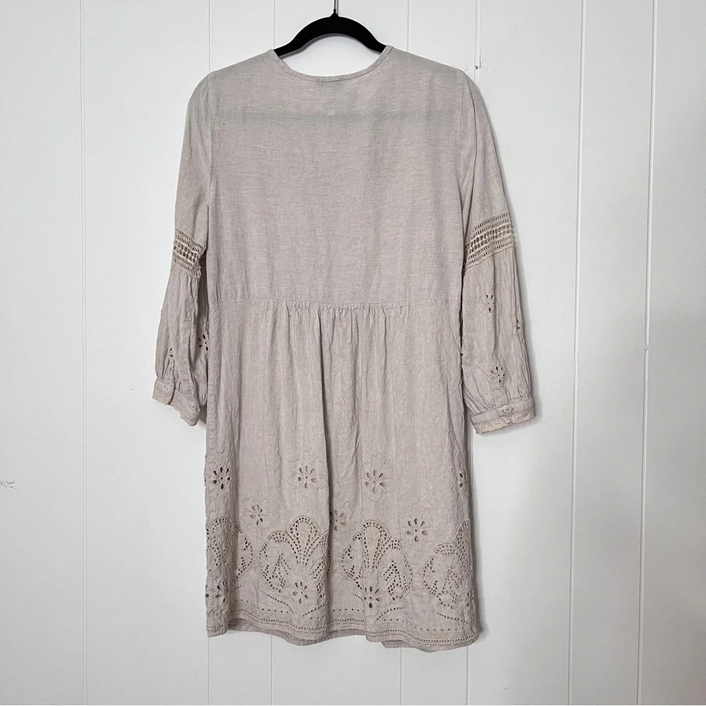 Tommy Bahama St. Lucia Linen Tan Eyelet Mini Dress Coastal Balloon Sleeve Size S - Picture 3 of 10